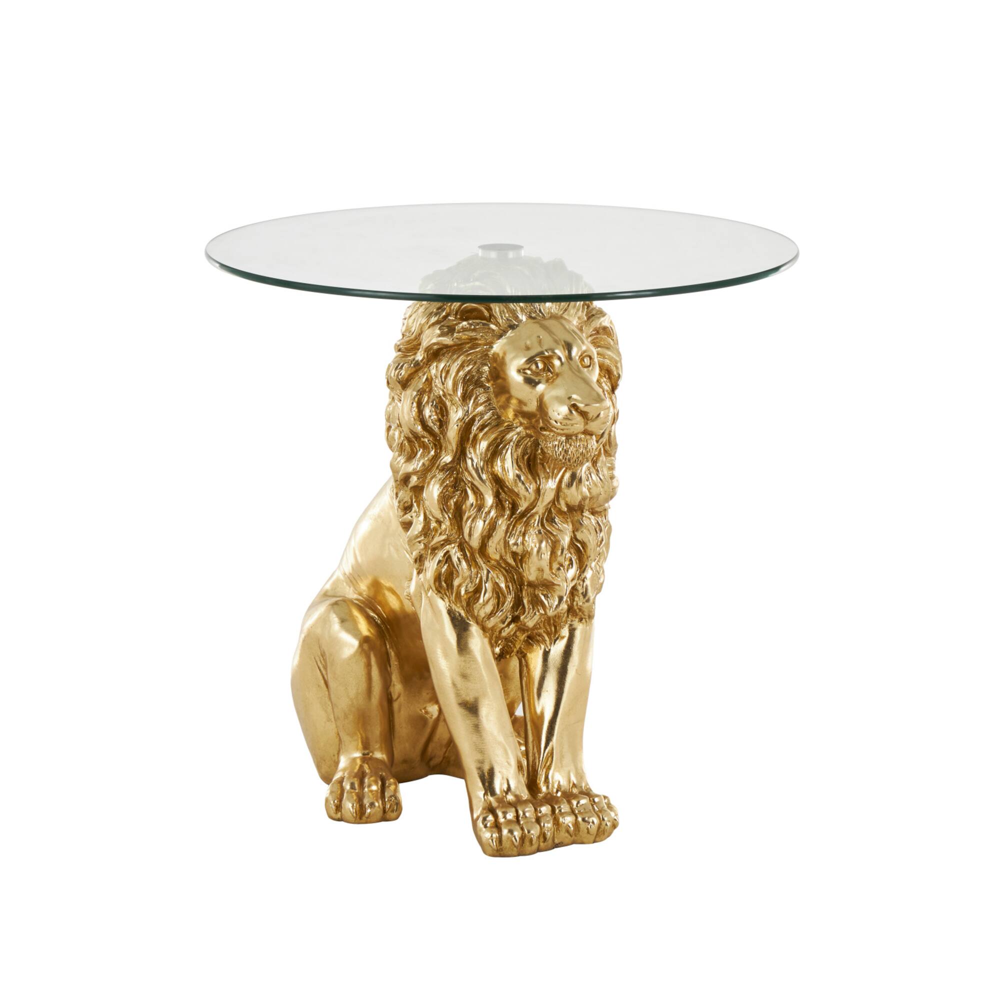 24" x 27" Gold Resin Lion Sitting Accent Table with Glass Tabletop